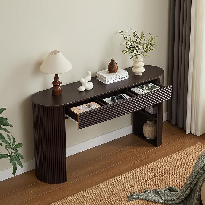 Retro Console Table with Storage, Rounded Console Table with 3 Drawers and 1 Table-Leg Niche, Round Slat Aesthetic for Entryway, Living Room, Hallway (Espresso-X306)