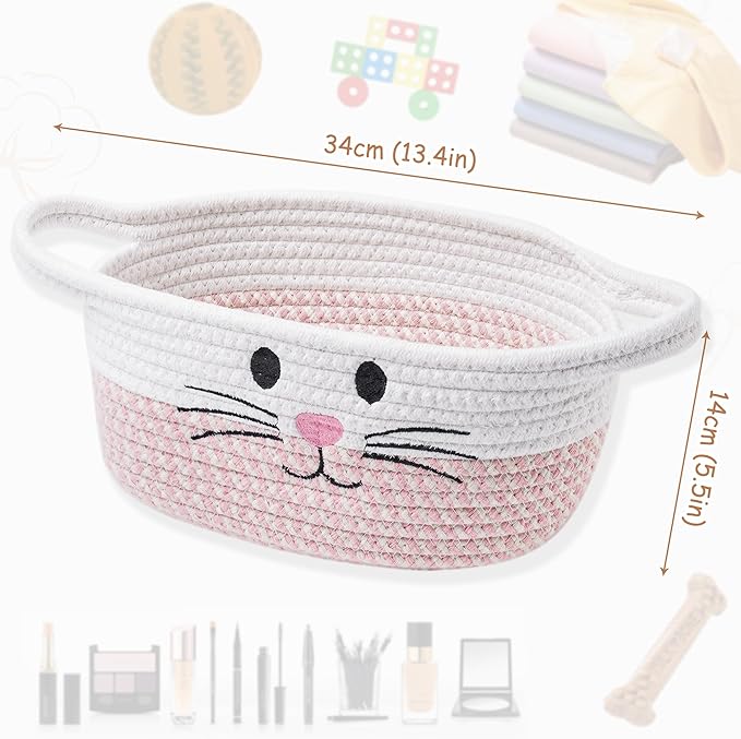 Small Woven Baskets for Organizing with Handle Cute Cotton Basket for Nursery Gift Dog Cat Toy Storage Basket for Toy Organizer-Pink