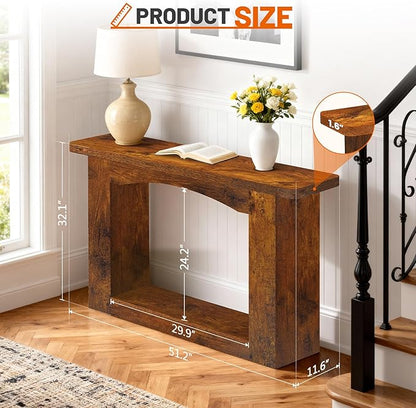 51 Inch Entryway Table U-Shaped Extension, 1.6 Inch Thick Desktop Wooden Console Table with Socket Farmhouse Sofa Table for Entrance, Hallway, Living Room,Behind Couch(Rustic Brown)