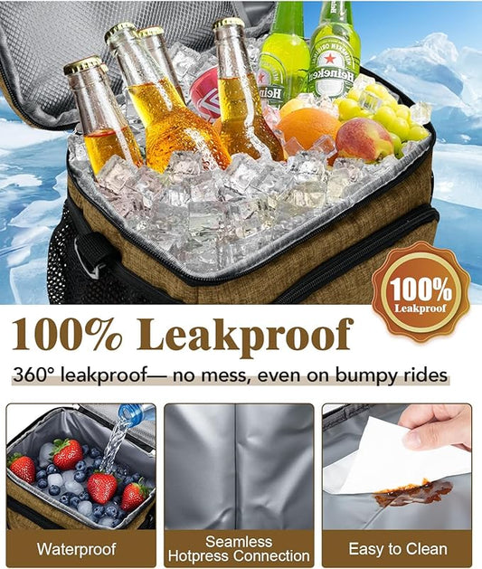 Insulated Lunch Bag for Men & Women, 9L Leakproof Lunch Box Soft Cooler Tote with 5 Pockets, 600D Oxford, EVA Lining, Adjustable Strap for Work, Picnic, Beach&Travel-Coffee
