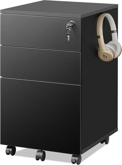 DEVAISE File Cabinet 3-Drawer, Small Office Furniture with Lock, Rolling Under Desk Filing Cabinet for Home Office,Black