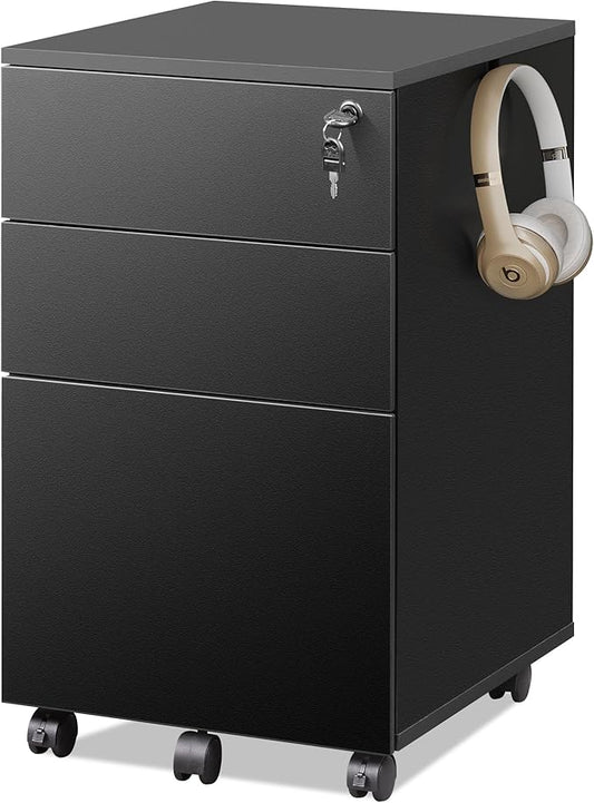 DEVAISE File Cabinet 3-Drawer, Small Office Furniture with Lock, Rolling Under Desk Filing Cabinet for Home Office,Black