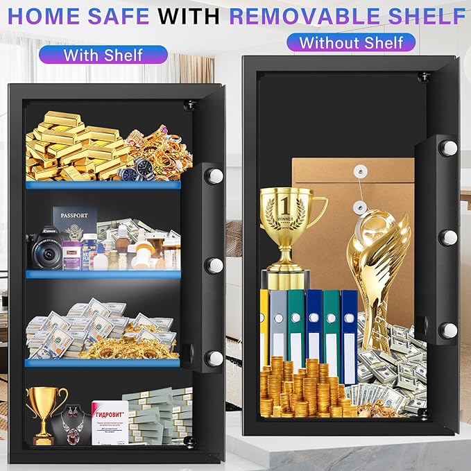 27.56 Inches Tall Safe Box, Home Safe with Fireproof Waterproof Bag, Anti-Theft Digital Security Lock Box with Smart Alert System, Removable Shelf, Mute Function, Document Safes for Jewelry