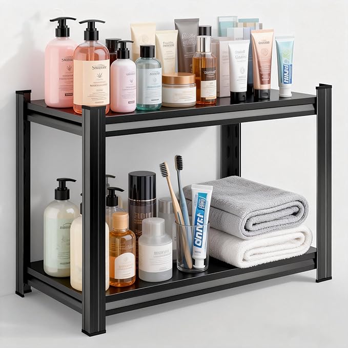 2 Tier Storage Shelves,Metal Shelving Units,Waterproof Bathroom Storage Racks,Double-Layer Adjustable Multi-Purpose Shelves,Suitable for Bathrooms,Kitchen,Garages,Warehouses,and Basements