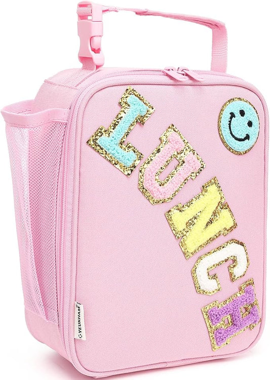 FlowFly Lunch box Insulated Soft Bag Mini Cooler Back to School Thermal Meal Tote Kit With Buckle and Mesh Side Pocket for Girls, Boys, PinkWithLetter