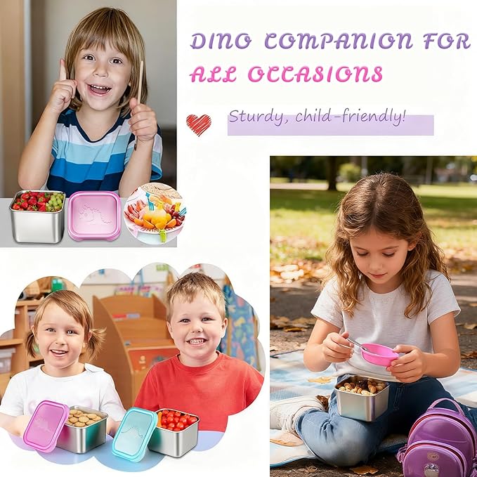 6-Pack Small (6 oz) Stainless Steel Snack Containers for Kids, Easy-Open Toddler Snack Containers with Lids - Cute Dinosaur Small Stackable Metal Lunch Box for Daycare, School, Travel