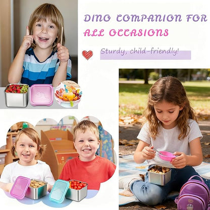 6-Pack Small (6 oz) Stainless Steel Snack Containers for Kids, Easy-Open Toddler Snack Containers with Lids - Cute Dinosaur Small Stackable Metal Lunch Box for Daycare, School, Travel