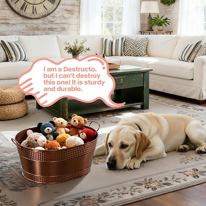 Indestructible Metal Dog Toy Bin: Pet Toy Box Storage Basket for Living Room Area, Beautiful Design and Perfect Size 25-Quart (1 Pack, Oval)