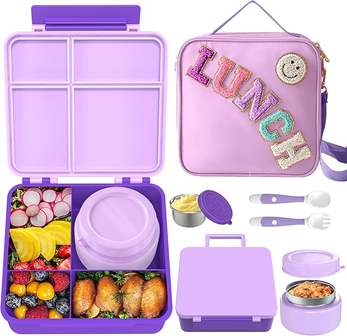 Kids Bento Lunch Box with 8oz Soup Thermo, Kids Leakproof Lunch Food Containers with 4 Compartment,Insulated Hot Food Jar with Lunch Bag for School, Travel (Purple)