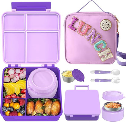 Kids Bento Lunch Box with 8oz Soup Thermo, Kids Leakproof Lunch Food Containers with 4 Compartment,Insulated Hot Food Jar with Lunch Bag for School, Travel (Purple)