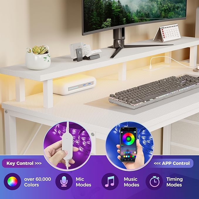 DUMOS L Shaped Gaming Desk with Shelves Storage Drawers 59'', White Computer Desks with LED Lights Power Outlets, Office Wood Table with PC Stand Cable Management for Bedroom Dual Monitor Streaming