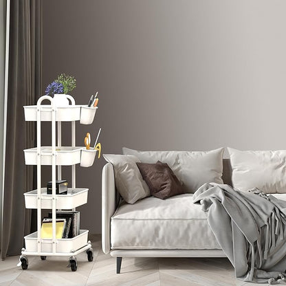 Simple Houseware 4-Tier Multifunctional Rolling Utility Cart with Hanging Buckets, White