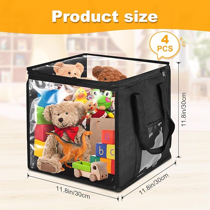4 Pack Clear Toy Storage Bin with Lids - 12" x 12" Storage Cube Bin Foldable PVC Boxes with Handles, Storage Organizers for Toys, Clothes, Blocks, Stuffed Animal Storage(Black)
