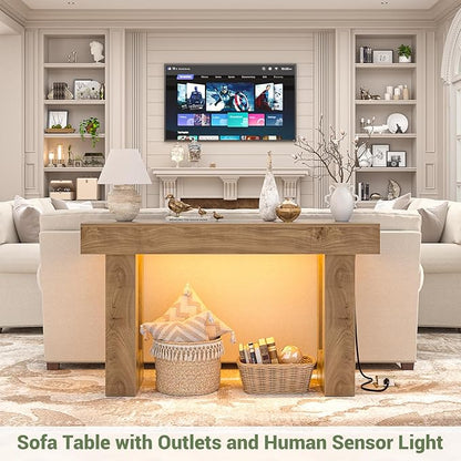 Unikito 47" Entryway Table with Socket and Sensor Light, Narrow Console Table with Storage Behind Couch, Farmhouse Entry Way Tables with Open Storage for Entrance/Hallway/Living Room, Natural Oak