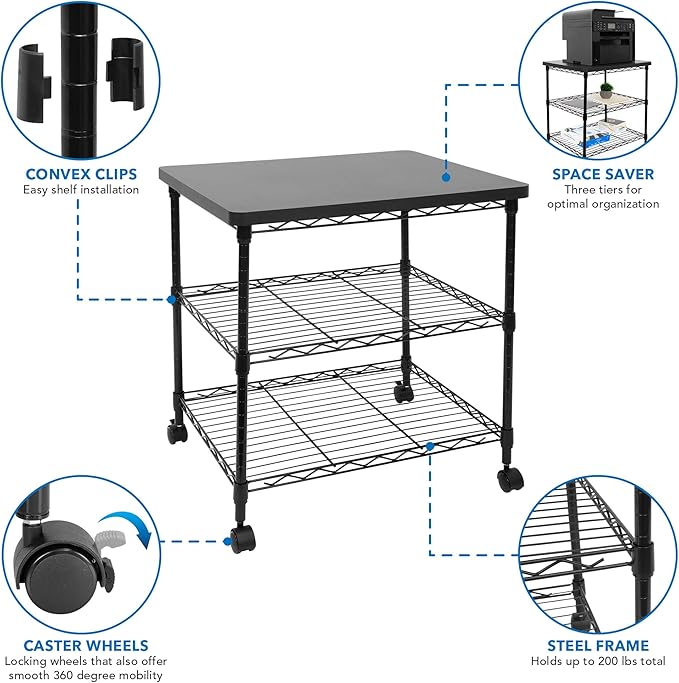 Mount-It! Printer Stand With Wheels | 3-Tier Large Printer Cart With Storage Shelves For 3D & Laser Printer, Scanner, Heat Press | Rolling Metal Utility Table For Home and Office Use, 200 Lbs Capacity