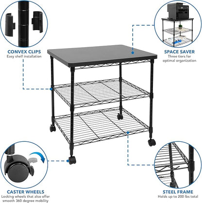 Mount-It! Printer Stand With Wheels | 3-Tier Large Printer Cart With Storage Shelves For 3D & Laser Printer, Scanner, Heat Press | Rolling Metal Utility Table For Home and Office Use, 200 Lbs Capacity