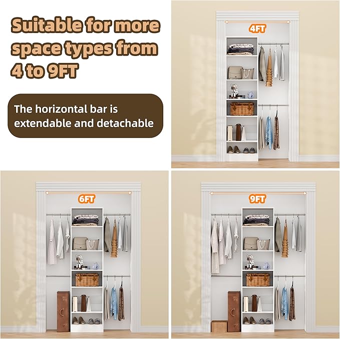 Closet System, 4Ft-9Ft Closet Organizer System With Adjustable Shelves, Walk-In Closet Storage System With 5 Expandable Hanging Rods, Adjustable Cloth Garment Rack from 4 to 9FT, White