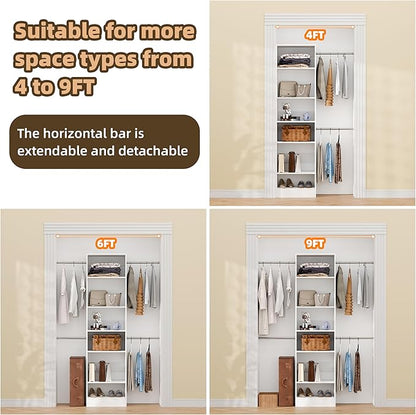 Closet System, 4Ft-9Ft Closet Organizer System With Adjustable Shelves, Walk-In Closet Storage System With 5 Expandable Hanging Rods, Adjustable Cloth Garment Rack from 4 to 9FT, White