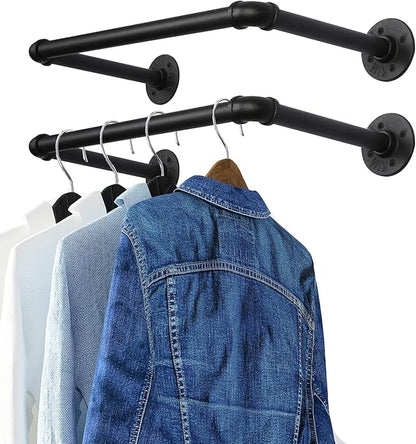 OROPY Industrial Pipe Clothes Rack 21.2” Set of 2, Heavy Duty Wall Mounted Black Iron Garment Bar, Multi-Purpose Clothing Hanging Rod for Laundry Room and Closet Storage