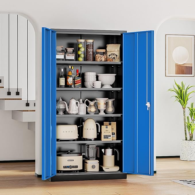 Bonusall Mental Garage Cabinets with 2 Doors and 4 Shelves, Locking Cabinet with for Storage，Steel Garage Storage Cabinets for Home Office, Warehouse，School(Black Blue)
