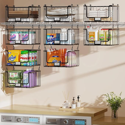 5-Tier Hanging Laundry Room Organizer with Label Cards, Foldable Wire Shelf Basket with 4 Rotating Hooks, Stacked Storage Rack for Laundry Rooms, Closet and Pantry, Black Metal