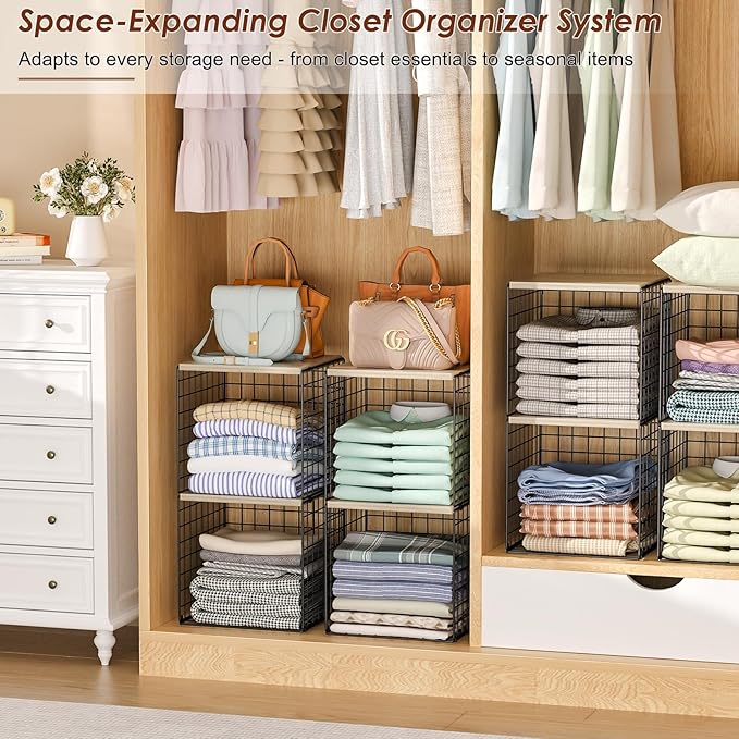 4-Tier Stackable Closet Organizers and Storage, Dual-Layer Reinforced Clothing Cube Shelves with Wood Tops, Sturdy Clothes Storage Bins & Shelf Basket for Wardrobe, Closet Organizer System