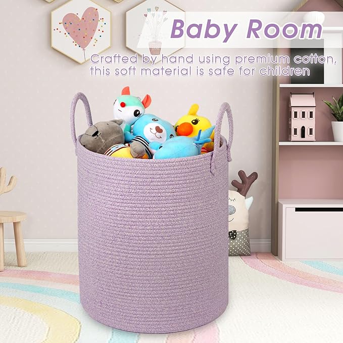 Girl Laundry Basket,Laundry Hamper,15''x18'' Cotton Rope Storage Basket for organizing,Tall Woven Blanket Basket for Living Room,Nursery Hamper,Baby Toy Laundry Bin (Light purple)