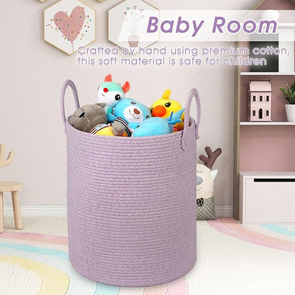 Girl Laundry Basket,Laundry Hamper,15''x18'' Cotton Rope Storage Basket for organizing,Tall Woven Blanket Basket for Living Room,Nursery Hamper,Baby Toy Laundry Bin (Light purple)