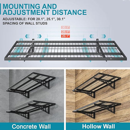 2-Pack 1.5×3.8ft(18×45.6 inch) Garage Wall Shelving, 500 lbs Load Capacity, Garage Wall Mounted Shelves, Heavy Duty Shelf with Hooks, Black