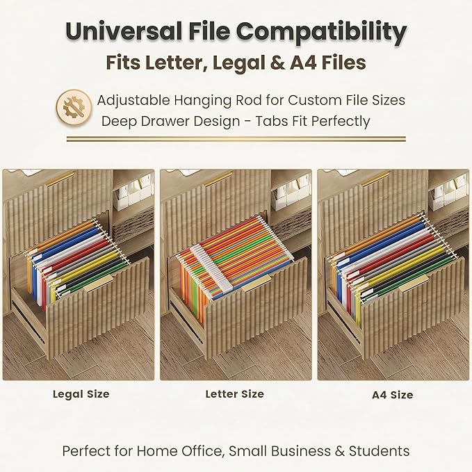File Cabinet for Home Office, Fluted Filing Cabinet with Charging Station, 2 Drawers Fit Letter/Legal/A4 with Tabs, Printer Stand with Lock & 2 Power Outlets, 6 Shelves (1, Oak)