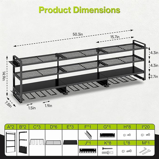 49" Heavy Duty Wall Mount Power Tool Organizer, 4-Tier Storage Rack with 12 Drill Holders & Battery Shelves, 600LBS Capacity for Garage Workshop