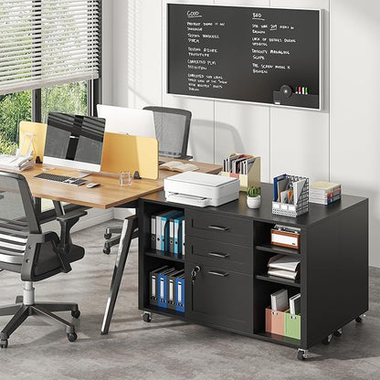 3 Drawer Wood Mobile Large lateral File Cabinet with Lock, Lockable Rolling Filing Cabinet with Open Storage Shelves, Printer Stand Office Storage for Home Office Fits Files Legal/A4, Black
