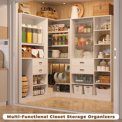 Armocity Freestanding Closet System with 3 Sets, 110'' Reversible Stand-alone Wardrobe, 80'' Height Cloth Garment Organizer, Walk-in Closet with Hanging Rod, 71"L x 71"W x 80"H, Load 2500 LBS, White