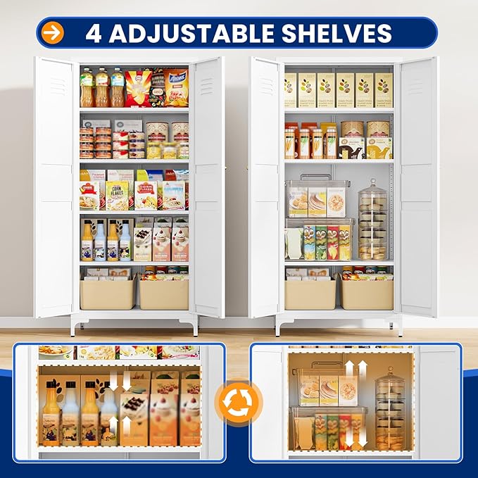MIIIKO Storage Cabinet with Doors, Tall Kitchen Pantry Cabinet with 4 Shelves Freestanding, Metal White Cabinets for Laundry and Bathroom,14" D x 27.6" W x 61" H Tall Cupboard