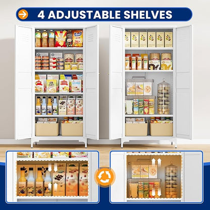 MIIIKO Storage Cabinet with Doors, Tall Kitchen Pantry Cabinet with 4 Shelves Freestanding, Metal White Cabinets for Laundry and Bathroom,14" D x 27.6" W x 61" H Tall Cupboard