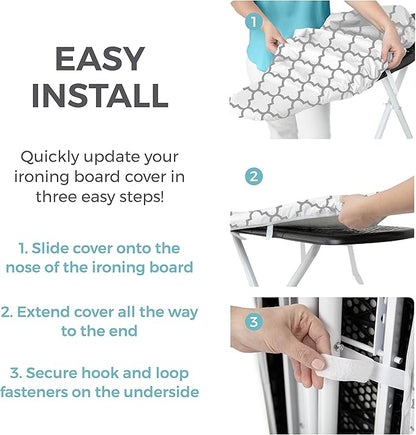 HOME GENIE Ironing Board Cover, Extra Thick Padding, Scorch Resistant Silicone Coating, 15x54 Elastic Edge Heavy Duty Iron Pad Covers Standard Boards, Hook and Loop Fastener Strap, Quatrefoil Gray