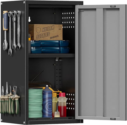 Metal Garage Wall Cabinet with 1 Door, 13.78'' Wide Wall Mounted Tool Cabinets for Garage, Basement, Warehouse, Kitchen, Bathroom, Home Office, Black, Assembly Required