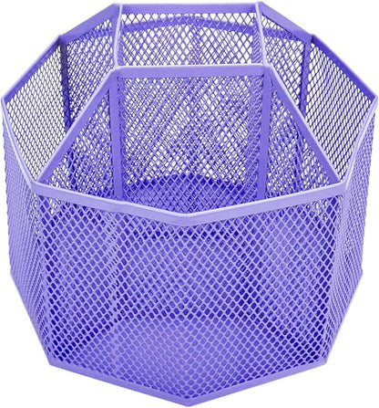 Annova Mesh Desk Organizer Rotate with 5 Compartments Spinning Tidy Candy/Pen Holder Office, Art Supply, Storage, Classroom, Home (Purple)