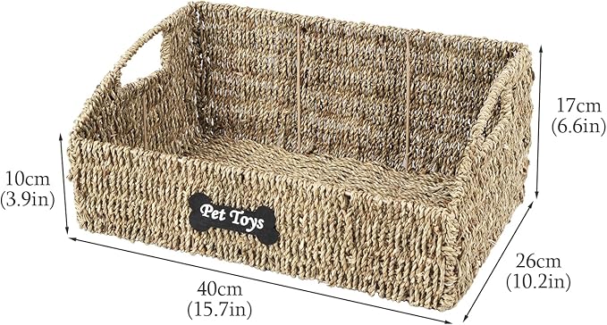 Pet Dog Toy Basket,Wicker Baskets with Built-in Handles,Dog Toy Bin,Farmhouse Puppy Toys Box,Dogs Storage Organizer for Leash Blanket Toys Snacks,Handwoven Seagrass Basket