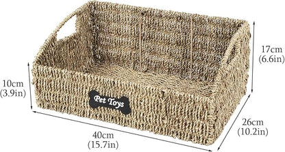 Pet Dog Toy Basket,Wicker Baskets with Built-in Handles,Dog Toy Bin,Farmhouse Puppy Toys Box,Dogs Storage Organizer for Leash Blanket Toys Snacks,Handwoven Seagrass Basket