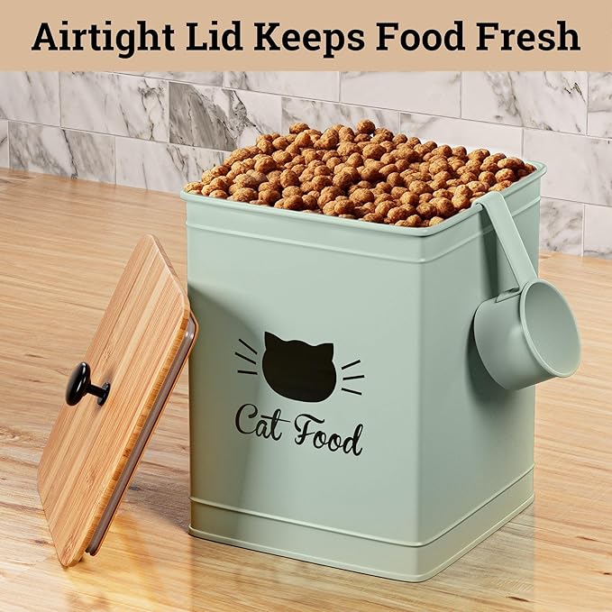 Cat Food Storage Container with Scoop - 5-7lb (25 Cup) Capacity Metal Cat Kibble Canister with Airtight Bamboo Lid and Metal Scoop - Airtight Pet Food Storage Containers 5 lb - 7 lb Kibble Container