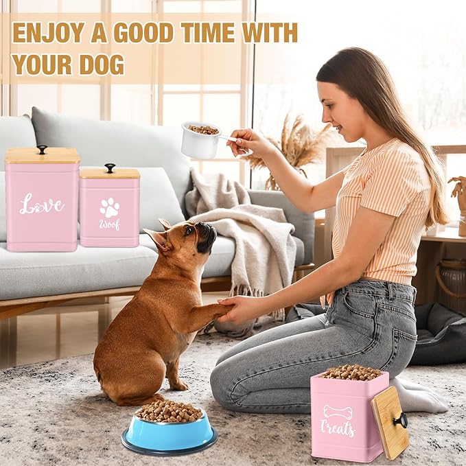 Metal Dog Treat Containers Set of 3 with Bamboo Lids and Spoon Airtight 7+3+2 lbs Dog Food Snack Jars with DIY Labels Big Pet Cookie Storage Jar for Kitchen Counter (Pink,Funny)