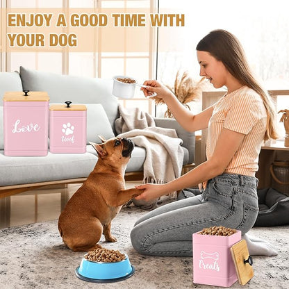 Metal Dog Treat Containers Set of 3 with Bamboo Lids and Spoon Airtight 7+3+2 lbs Dog Food Snack Jars with DIY Labels Big Pet Cookie Storage Jar for Kitchen Counter (Pink,Funny)