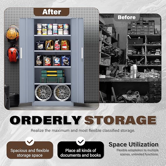 Metal Garage Storage Cabinet, 72” Lockable File Cabinets with 2 Doors and 4 Adjustable Shelves, Steel Tool Cabinets with Lock for Office, Home, Living Room, Cement Grey