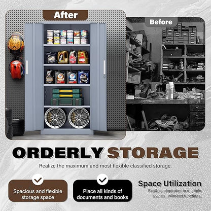 Metal Garage Storage Cabinet, 72” Lockable File Cabinets with 2 Doors and 4 Adjustable Shelves, Steel Tool Cabinets with Lock for Office, Home, Living Room, Cement Grey
