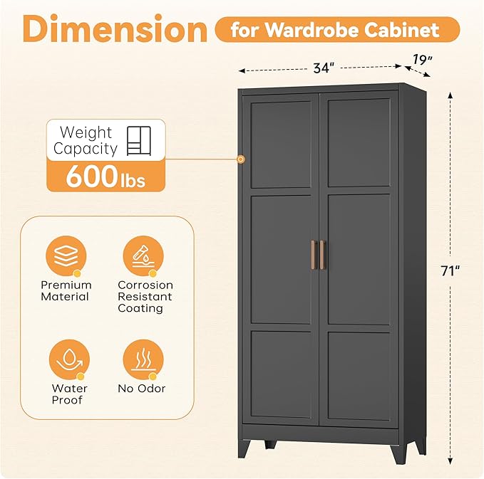 INTERGREAT Metal Armoire Wardrobe Closet, Storage Cabinet with Hanging Rod, 71" H Wardrobe Closet with Doors, Metal Storage Cabinets for Bedroom/Office/Garage (Black)