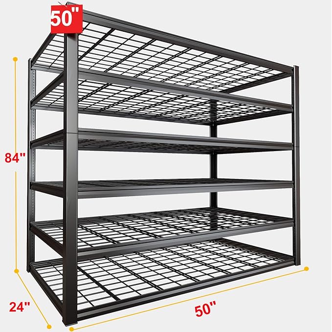 50" W Garage Shelving Heavy Duty, 6 Tier Garage Shelves, 84" H Adjustable Storage Shelving Unit, Commercial Metal Shelves for Warehouse, Basement