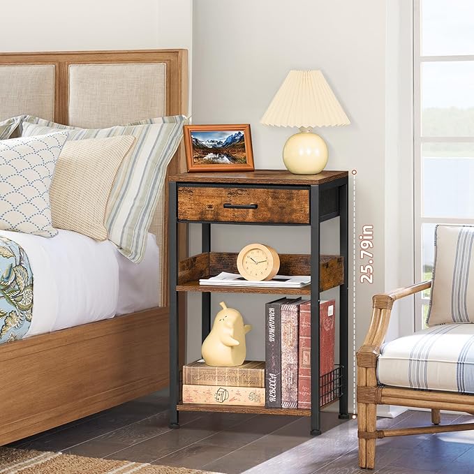 Lerliuo End Table with Fabric Drawer,3 Tier Industrial Wood Side Table with Storage,Modern Tall Printer Stand,Vintage Brown Nightstand,Rustic Bedside Tables for Living Room Bedroom Small Spaces