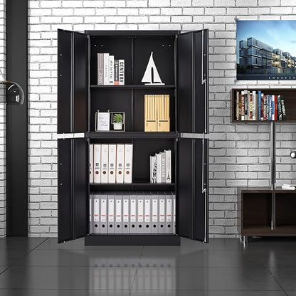 Metal Storage Locking Cabinet, 71" Tall Metal Cabinet with 4 Doors and 2 Adjustable Shelves, Locking Steel Cabinet for Home, School, Office, Gym, Garage Storage (Black)