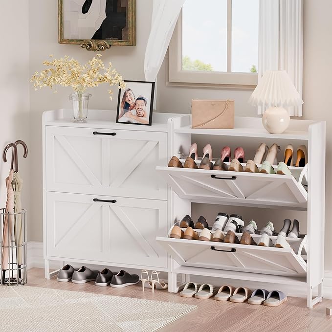 Betterhood Entryway Shoe Cabinet with 2 Flip Drawers, Slim Shoe Rack Cabinet, Freestanding Hidden Shoe Organizer Cabinet with Metal Legs, Shoe Cabniet for Entryway with Storage, Hallway, Foyer, White